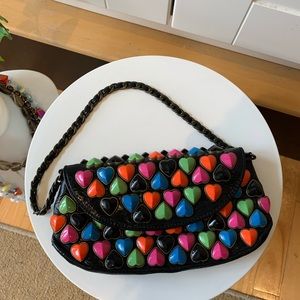 Betsey Johnson vintage evening purse. Black leather with Colourful hearts.